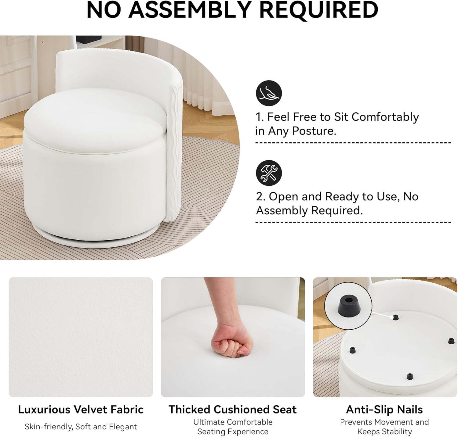 WUTUTUEE Large Velvet Vanity Chair with Storage, 360° Swivel Makeup Chair with Wave Back, No Assembly Small Accent Stool for Bedroom, Dressing, Living Room, White