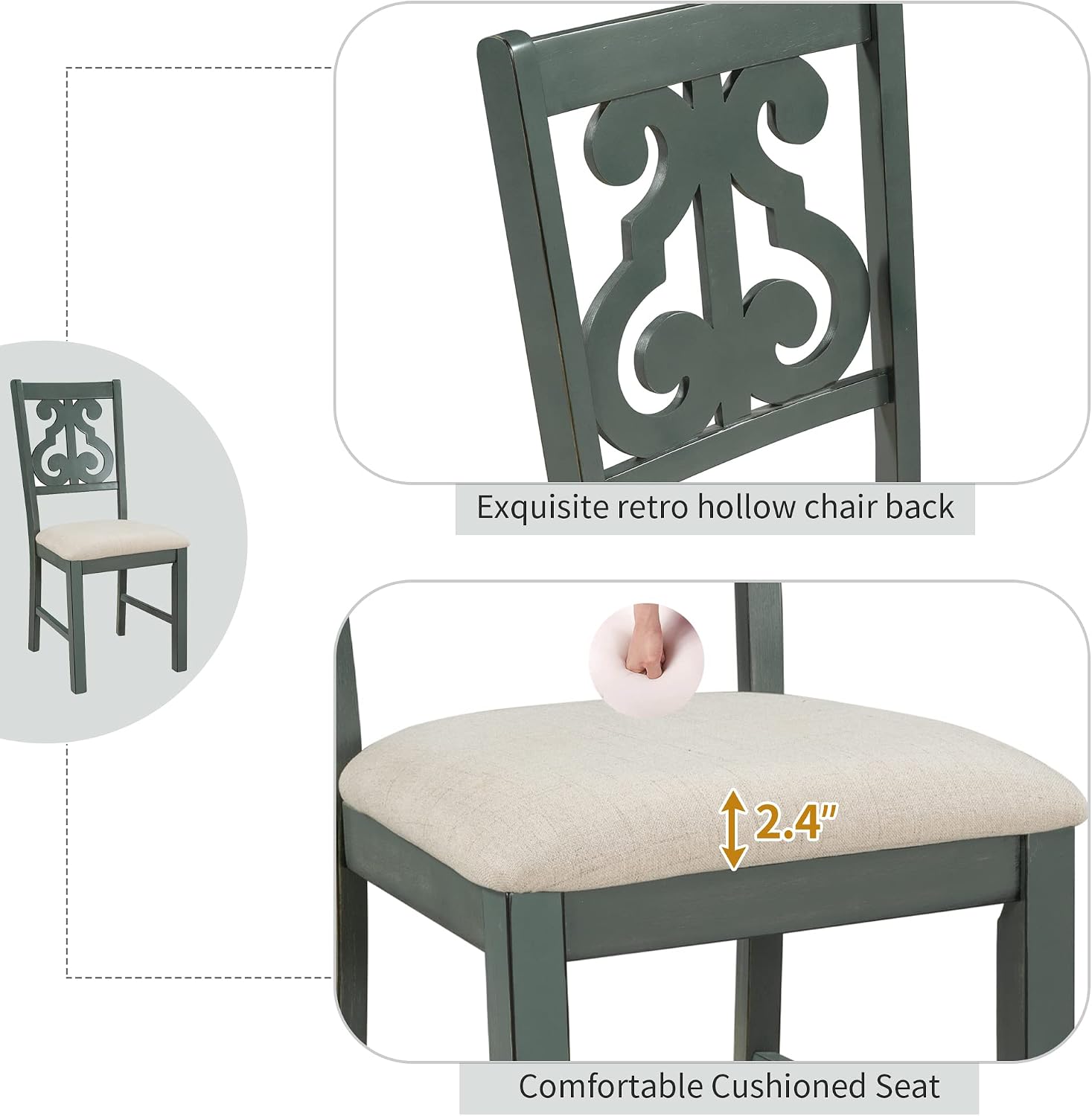 Merax 5 Piece Round Dining Table Set 4 Retro Chairs with Special-Shaped Table Legs, Exquisitely Designed Hollow Chair Back for Dining Room, Antique Blue