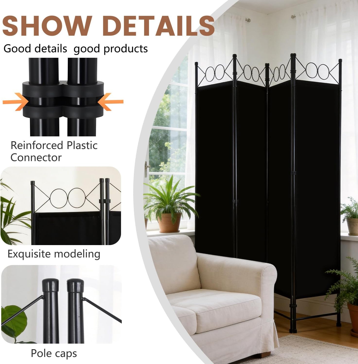 FDW 4 Panel Room Divider, 6FT Folding Privacy Screen Freestanding Partition Wall, Portable Room Separator for Dorm Bedroom Office Studio, Durable Metal Frame & Breathable Fabric, Dark Black