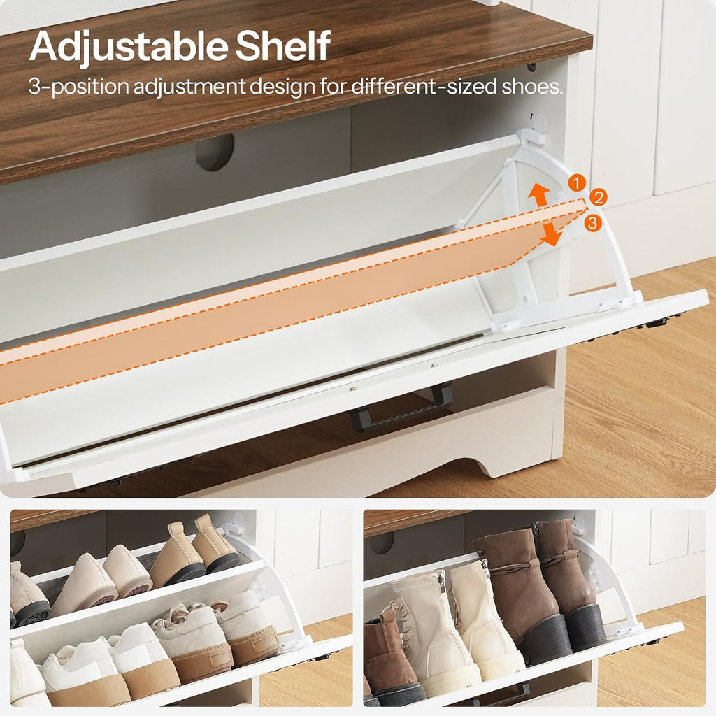 HOOBRO Hall Tree with Bench, Entryway Bench with Coat Rack and Shoe Cabinet, Flip Drawers, Farmhouse Hall Tree with Shoe Organizer, Mud Room, White and Walnut WH85MT01