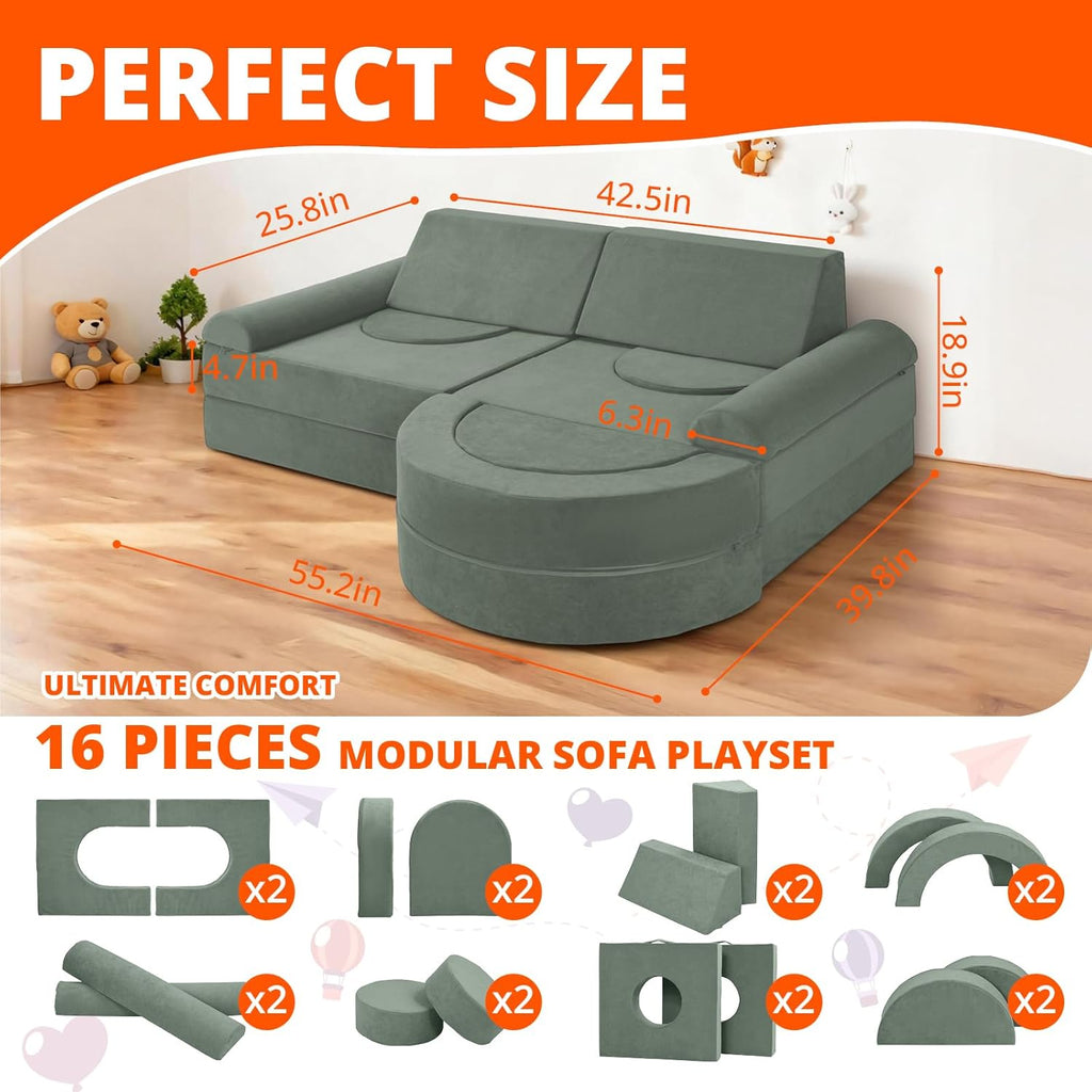 Fvkind Modular Kids Play Couch 16pcs, Toddler Couch for Playroom, Bedroom, Toddler Modular Play Sofa, Kids Sofa Building Fort with Convertible Foam Cushion for Boys and Girls, Green