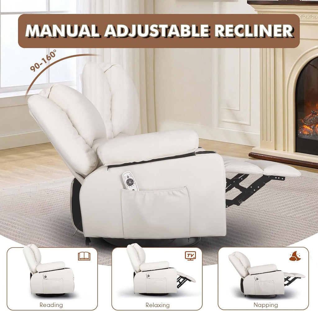 Faux Leather Rocker Recliner with Heat and Massage Cup Holders, Overstuffed Rocking Recliner Swivel Glider Chair for Nursery Heated Massaging Reclining Chair, Cream White