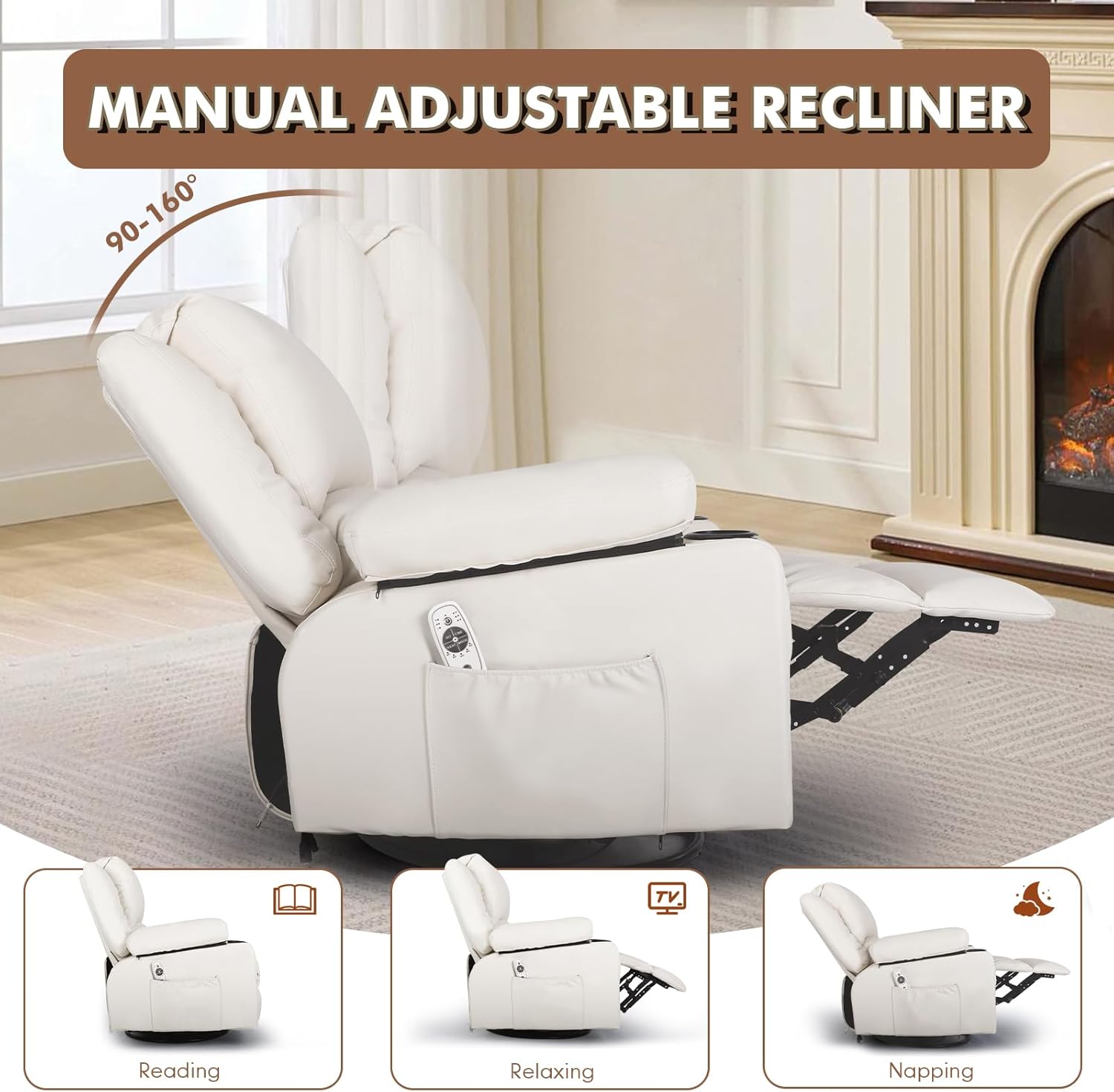 Faux Leather Rocker Recliner with Heat and Massage Cup Holders, Overstuffed Rocking Recliner Swivel Glider Chair for Nursery Heated Massaging Reclining Chair, Cream White