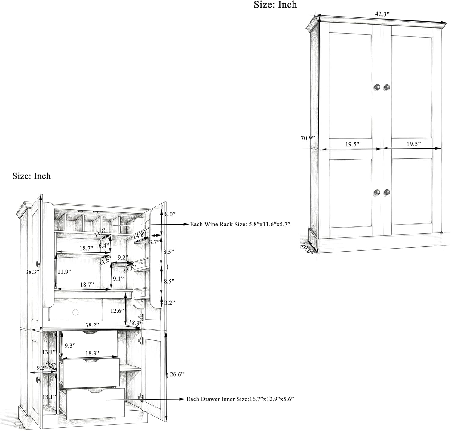 70.9" Tall Kitchen Pantry Cabinet with 4 Doors 3 Drawers 6 Wine Racks & Removable Shelves, Freestanding Storage Cabinets with Built-in Workstation for Kitchen Dining Room Living Room(White)
