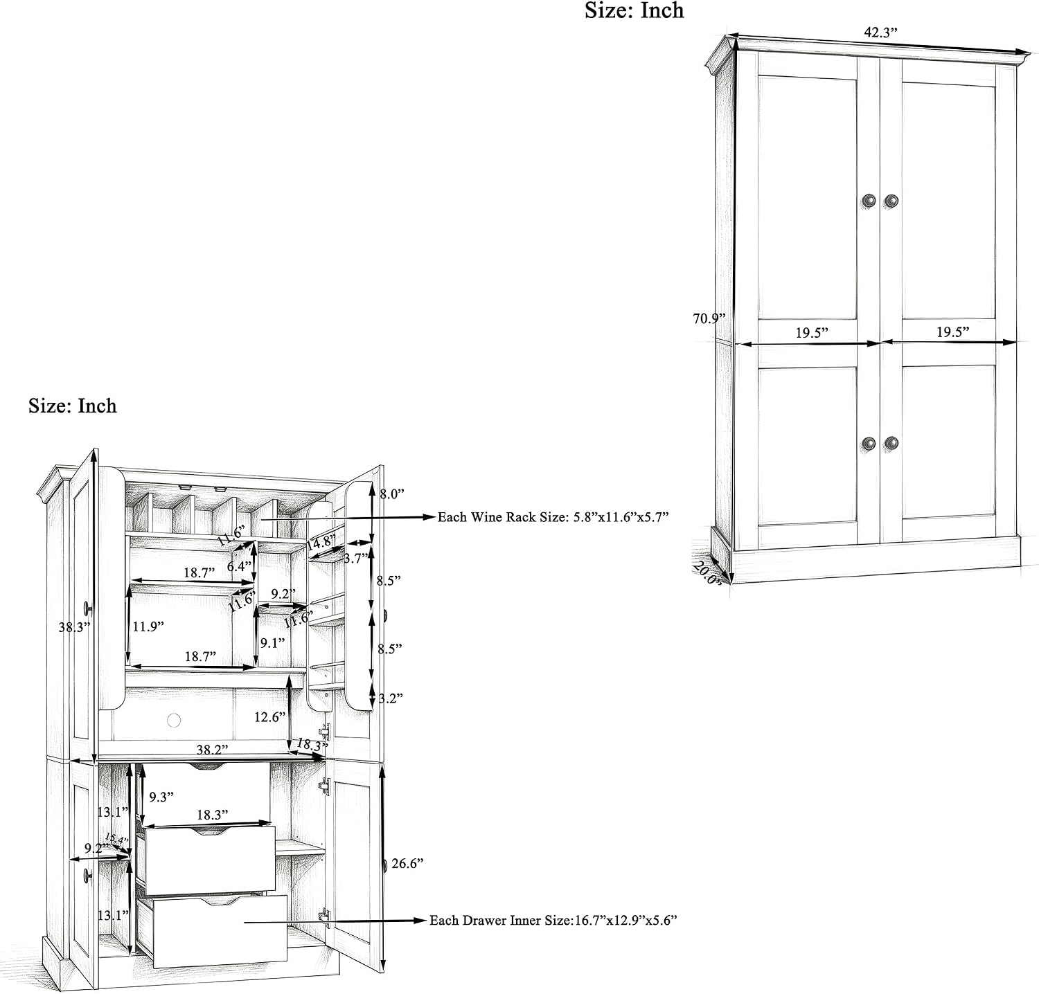71" H Large Kitchen Pantry with 4 Doors, Freestanding Buffet with 3 Drawers, 6 Door Shelves and 6 Wine Racks, Wooden Storage Cabinet with Adjustable Shelves for Kitchen, Dining Room, Blue