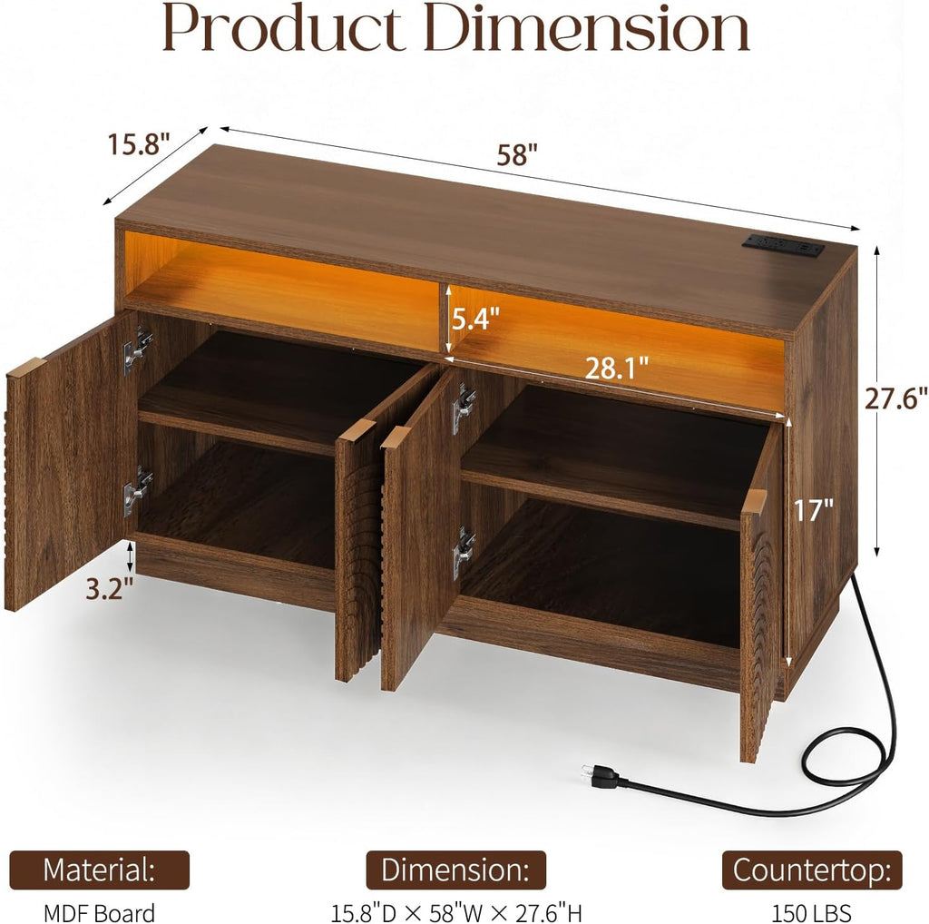Modern Sideboard Buffet Cabinet with Storage - 58" Fluted Credenza Strorage Cabinet with LED Light & Power Outlet, Adjustable Shelf, Accent Console Table Coffee Bar for Kitchen Living Room