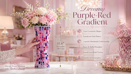 11.6" H Purple Red Mosaic Vase, Exquisite Handmade Craftsmanship Tall Glass Vase, Modern Hourglass Art Centerpiece with Dreamy Geometric Pattern for Home & Office Decor, Unique Gift