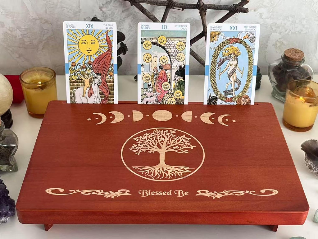 Altar Table, Tarot Card Holder, Meditation Table, Small Altar Table, Wooden Witch Altar, Wiccan Alter Table, Buddhist Shrine, Engraved Moon Phase and The Tree of Life on Table Top, 12 × 8 inches