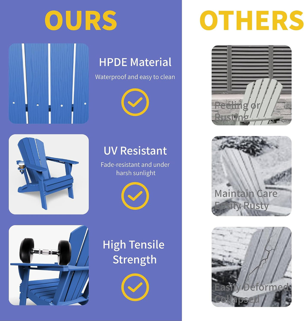 Kingdura Foldable Adirondack Chairs Set of 4, Portable HDPE All Weather Resistant Outdoor Patio Chair, Wooden Textured with Cup Holder, 380LBS Capacity for Poolside, Backyard, Fire Pit (Navy Blue)