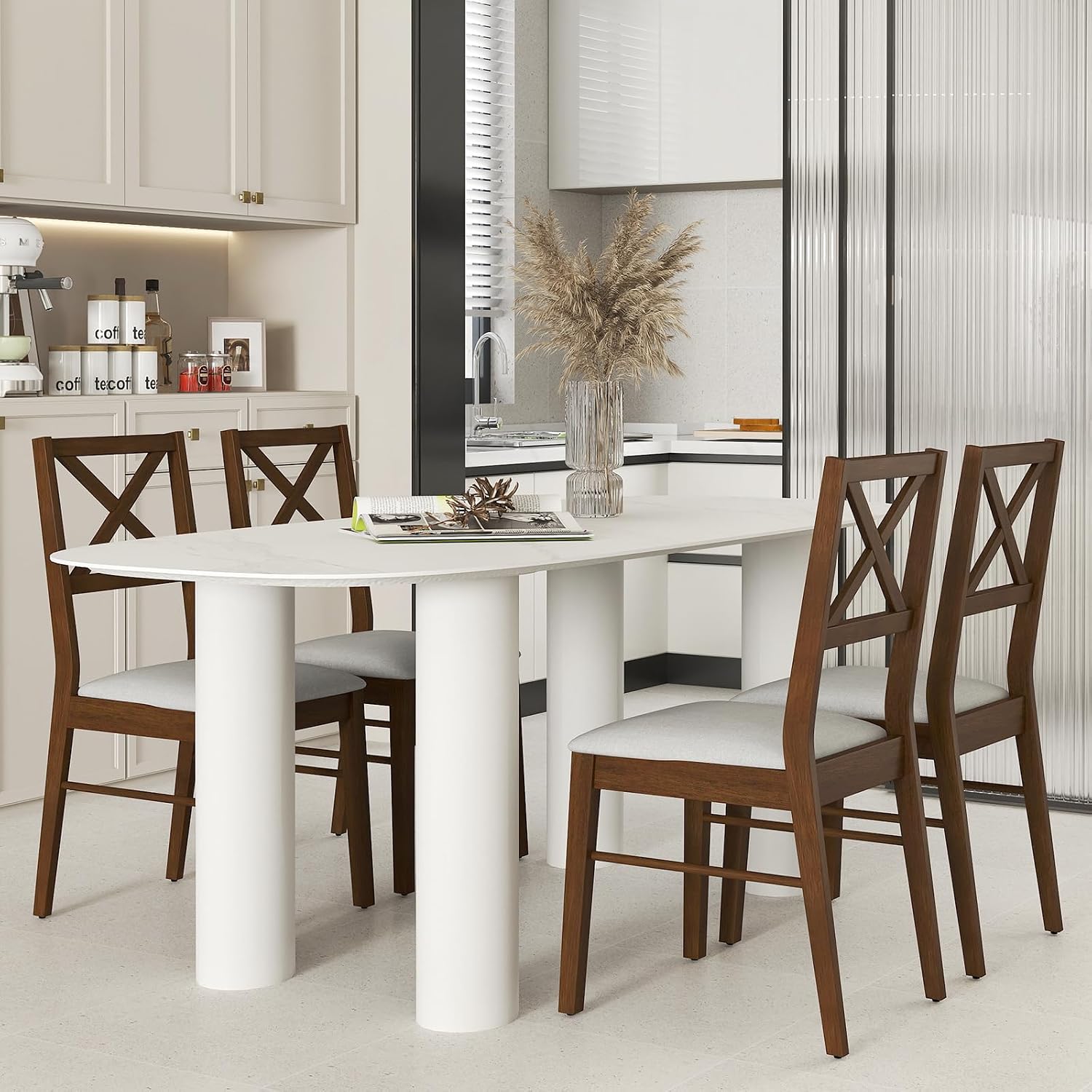 COSTWAY Wood Dining Chairs Set of 4, Upholstered Farmhouse Modern Dining Room Chairs with Backrest and 400LBS Capacity for Kitchen (Brown)