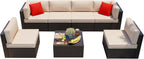 Shintenchi 7 Pieces Patio Furniture Sets Outdoor All-Weather Sectional Patio Sofa Set PE Rattan Manual Weaving Wicker Patio Conversation Set with Glass Table&Ottoman Cushion and Red Pillows, Beige