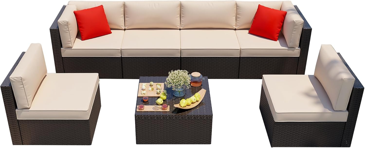 Shintenchi 7 Pieces Patio Furniture Sets Outdoor All-Weather Sectional Patio Sofa Set PE Rattan Manual Weaving Wicker Patio Conversation Set with Glass Table&Ottoman Cushion and Red Pillows, Beige