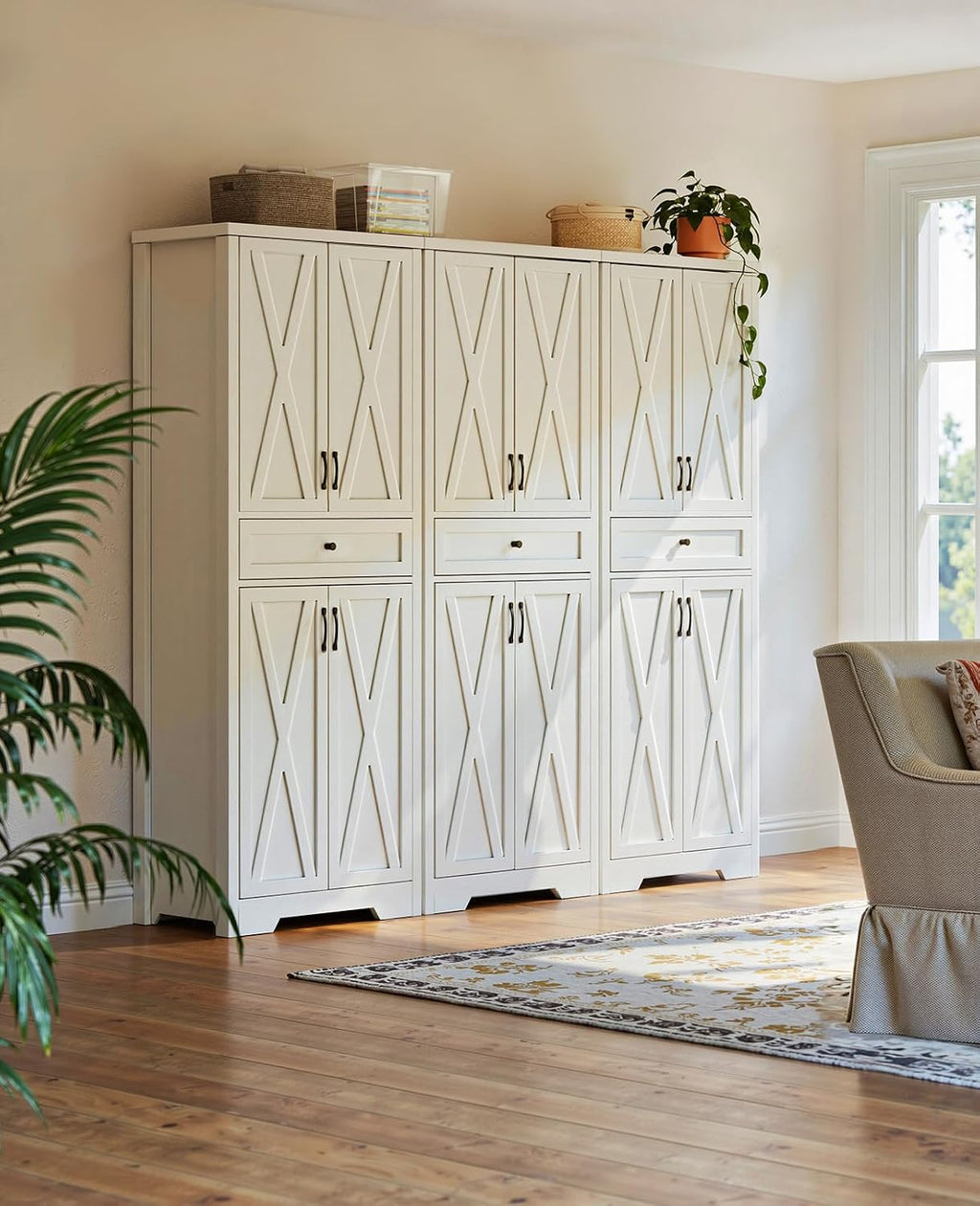 Lyromix 68'' Farmhouse Kitchen Pantry Cabinet with Adjustable Shelves, Tall Storage Cabinet with Barn Doors, Freestanding Versatile Cupboard for Dining Room, White