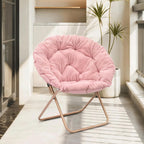Cozy Saucer Chair, Living Room Chair, Faux Fur Soft Thick Padded Folding Chair, Comfortable Moon Chair for Living Room, Bedroom, Reading Nook, Modern Style, Pink