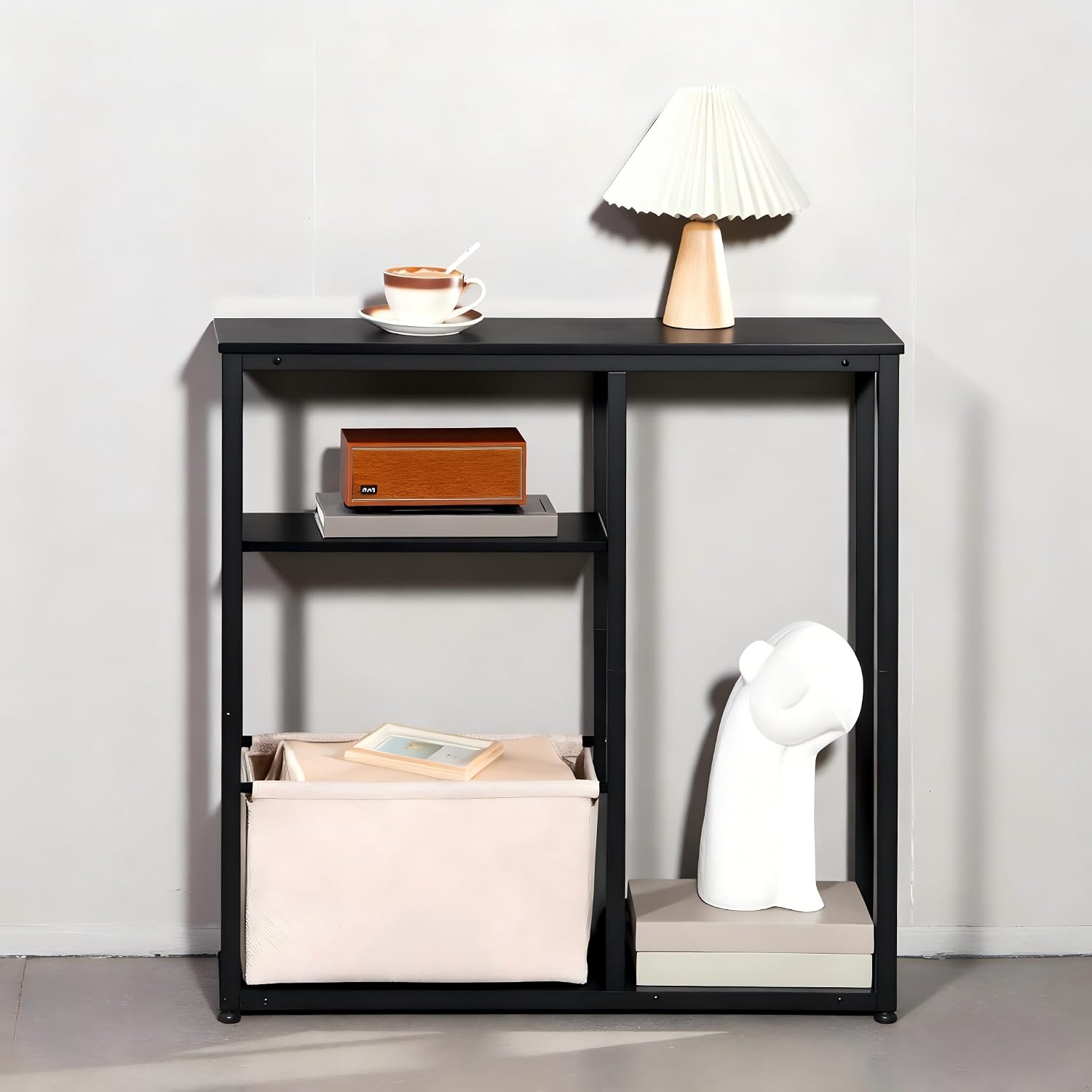 HOOBRO Narrow Console Table with Storage Basket, 29.5" Small Entryway Table with 3-Tier Storage Shelves, Behind Couch Sofa Table, Hallway Table for Living Room, Black and Beige BB60XG01