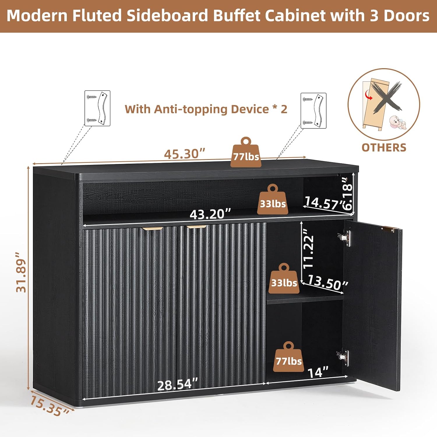 LEYAOYAO Fluted Buffet Cabinet with Storage, 45" Wide Wood Sideboard Credenza with 3 Doors & Open Storage Shelf, Modern Kitchen Console Accent Cabinets, Coffee Bar Table for Dining Room, Black Oak