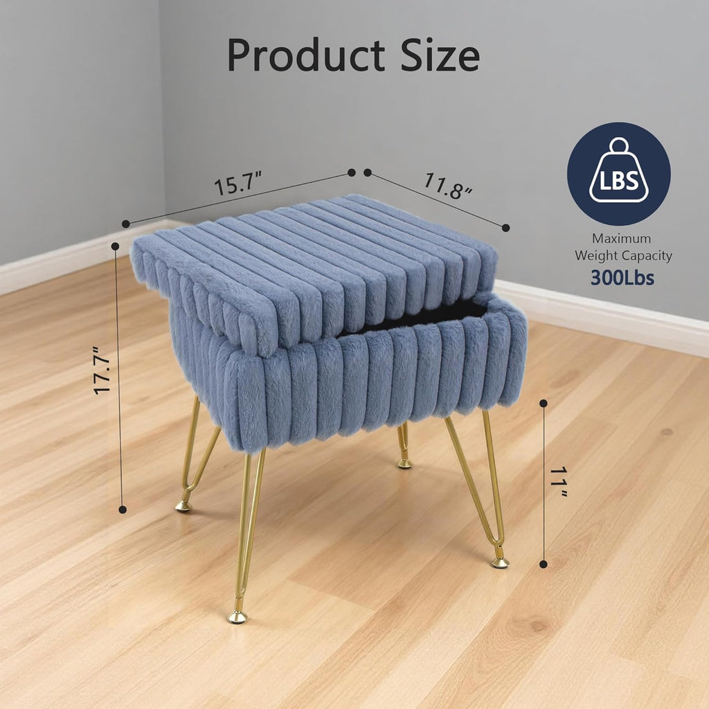 Vanity Stool Chair with Storage, Faux Fur Soft Padded Ottoman with Coffee Table, Modern Vanity Chair Fluffy Footstool with Metal Legs for Makeup, Living Room,Bedroom Blue