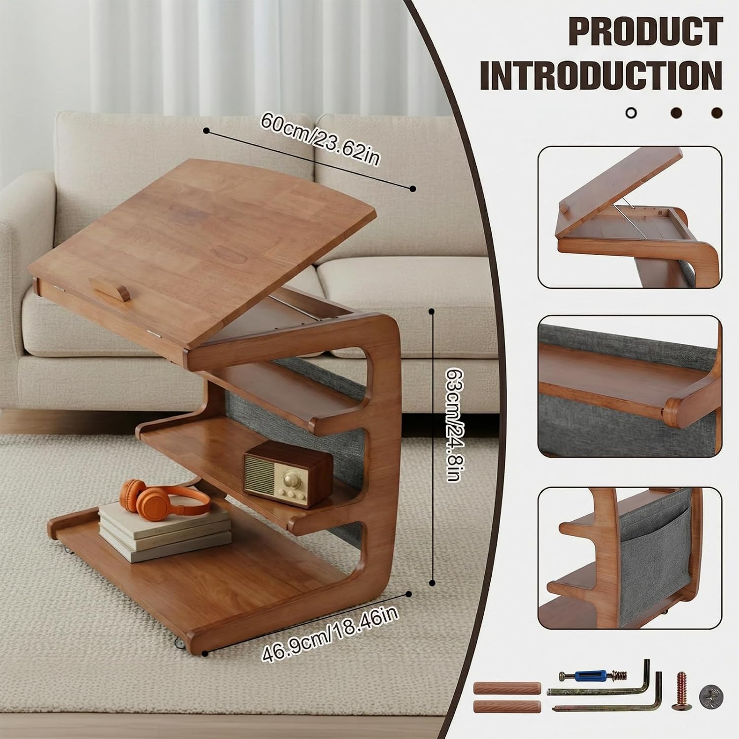 Multi-Layer Storage Rolling Side Table, C Shaped Couch End Table with Edge Stopper & Side Pocket, Mobile Wooden Bedside TV Tray Desk - 23.66" W*18.46" D*24.8" H