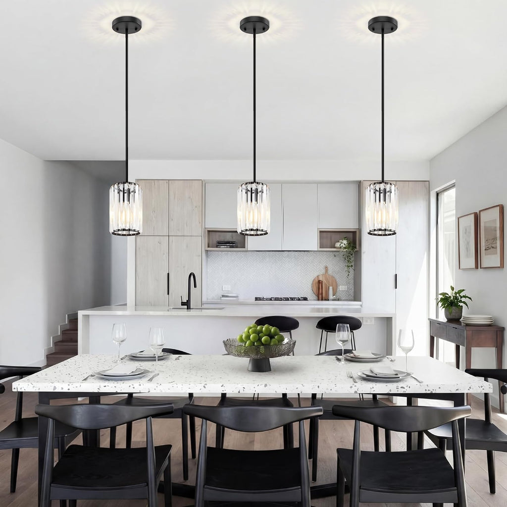 Black Pendant Light, Modern Crystal Pendant Lights Kitchen Island, Kitchen Island Lighting with Adjustable Height, UL Certified Island Lights for Kitchen Dining Room Bedroom Hallway 3 Pack