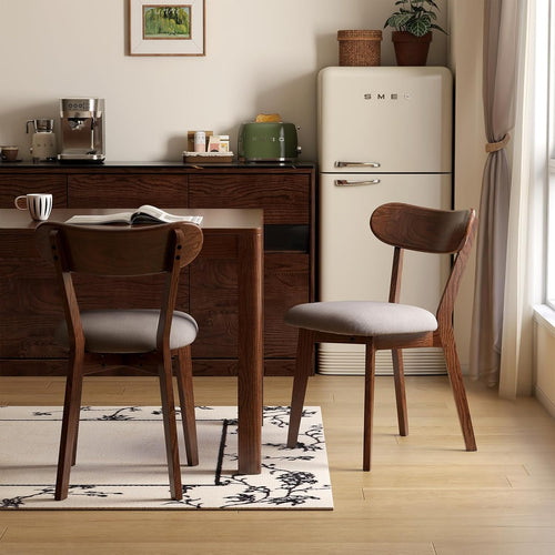 100% Solid Oak Dining Chairs, Mid Century Modern Dining Chair with Curved Backrest, Fabric Upholstered Dining Chairs for Kitchen, Study, Living Room (2, Walnut Wood-Gray Cushion)