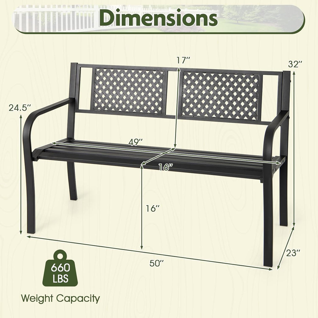 Giantex Metal Outdoor Bench with Mesh Pattern Backrest, Curved Armrests, 660Lbs Capacity, Slatted Seat for 2-3 Persons, Patio Bench for Yard, Poolside, Porch, Park, Garden (50"×23"×32",Black)