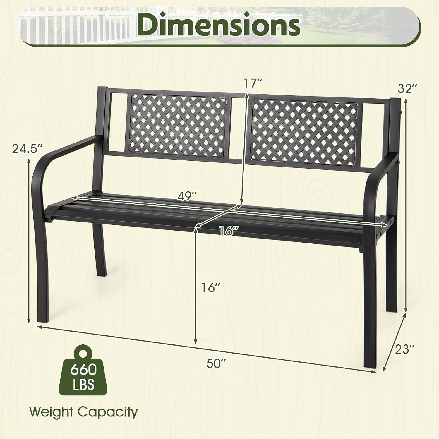 Giantex Metal Outdoor Bench with Mesh Pattern Backrest, Curved Armrests, 660Lbs Capacity, Slatted Seat for 2-3 Persons, Patio Bench for Yard, Poolside, Porch, Park, Garden (50"×23"×32",Black)