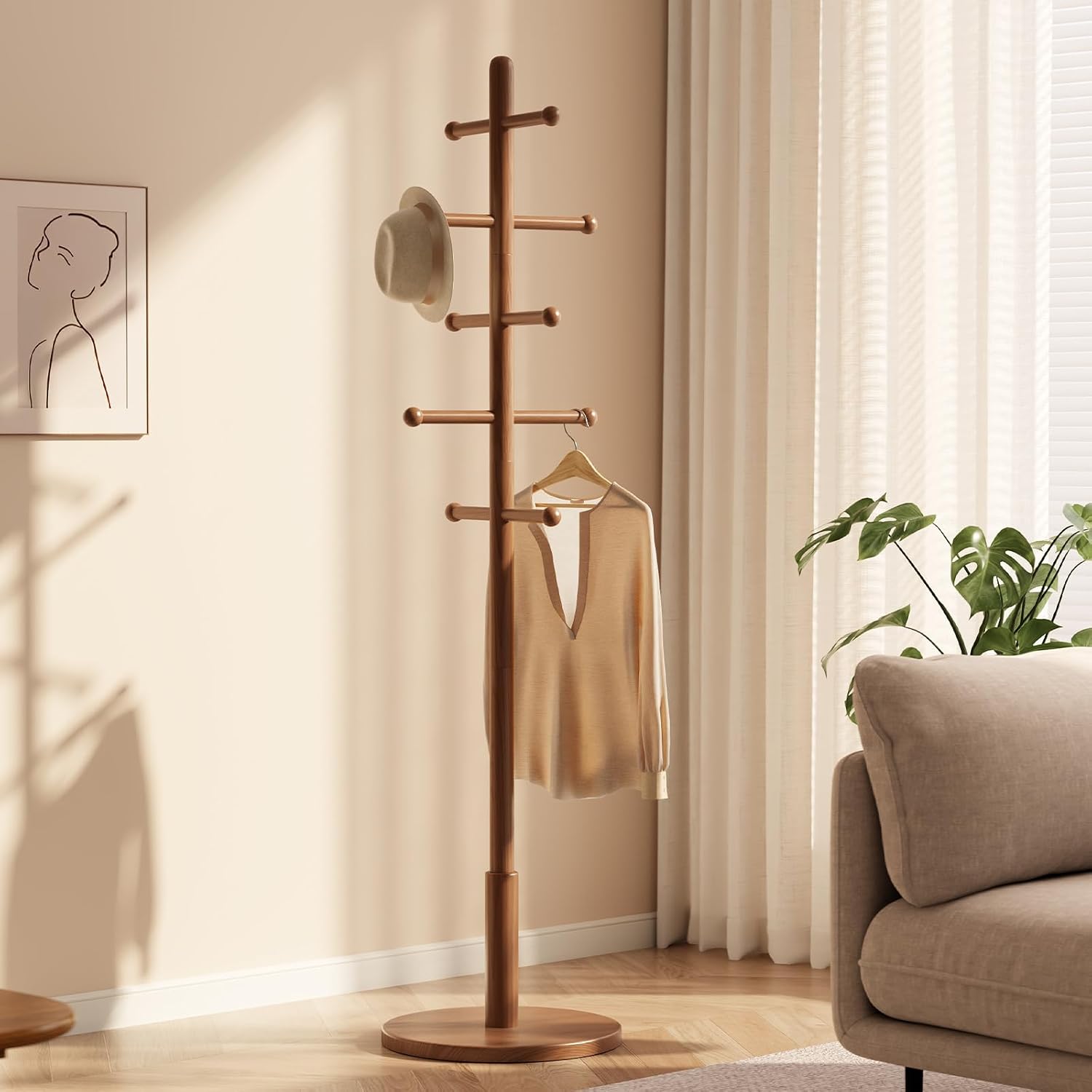 Solid Wood Coat Rack Freestanding with 10 Hooks, Coat tree freestanding 3 Adjustable Heights for coat, Hats, Handbags, Coat Stand for Entryway,Bedroom,office, Walnut