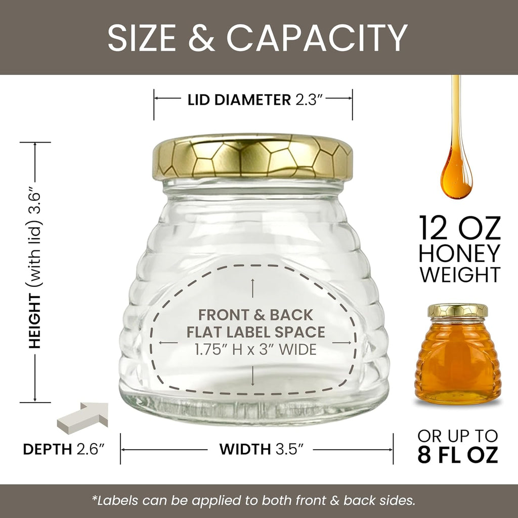 RetroPak Beehive Honey Jars with Lids, 12 Pack, 12 oz Glass Jars, Gold Hex | Perfect for farmers markets, gift baskets, and cottage food sales