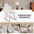 Teddy Fabric Upholstered Rocking Chair with Pillow & Footrest – Modern Accent Armchair with Padded Seat and High Backrest for Nursery, Living Room or Bedroom (Ivory)