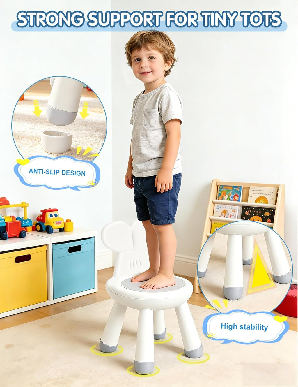 Toddler Chair for Table, Plastic Kids Chairs for Table with Ergonomic Backrest, Anti-Slip Toddler Indoor Outdoor Chair & Step Stool for Bathroom Kitchen, Easy Clean PP，White