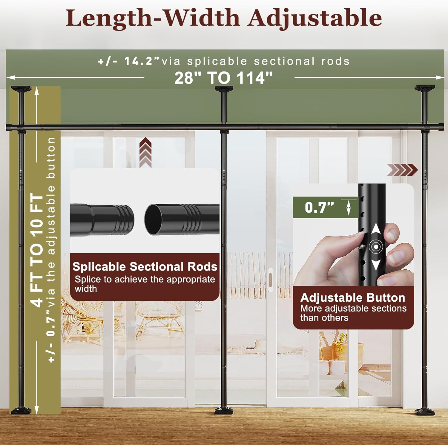 Goovilla Room Divider for Room Separation, Tension Curtain Rods No Drilling, 4-10ft(H) 28-114inch(W) Adjustable Temporary Privacy Wall Divider, Heavy Duty Freestanding Space Partition Separator, Black