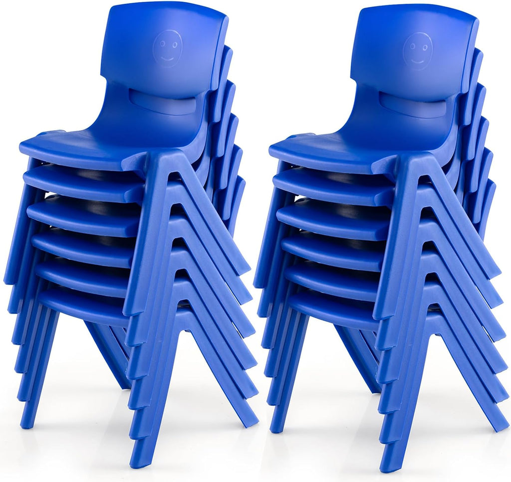12 Pack Premium 13.8" H Plastic Stackable School Chairs - Classroom & Kids Desk Chair, Toddler & Child Lawn Seating - Flexible, Durable & Easy Storage - Blue