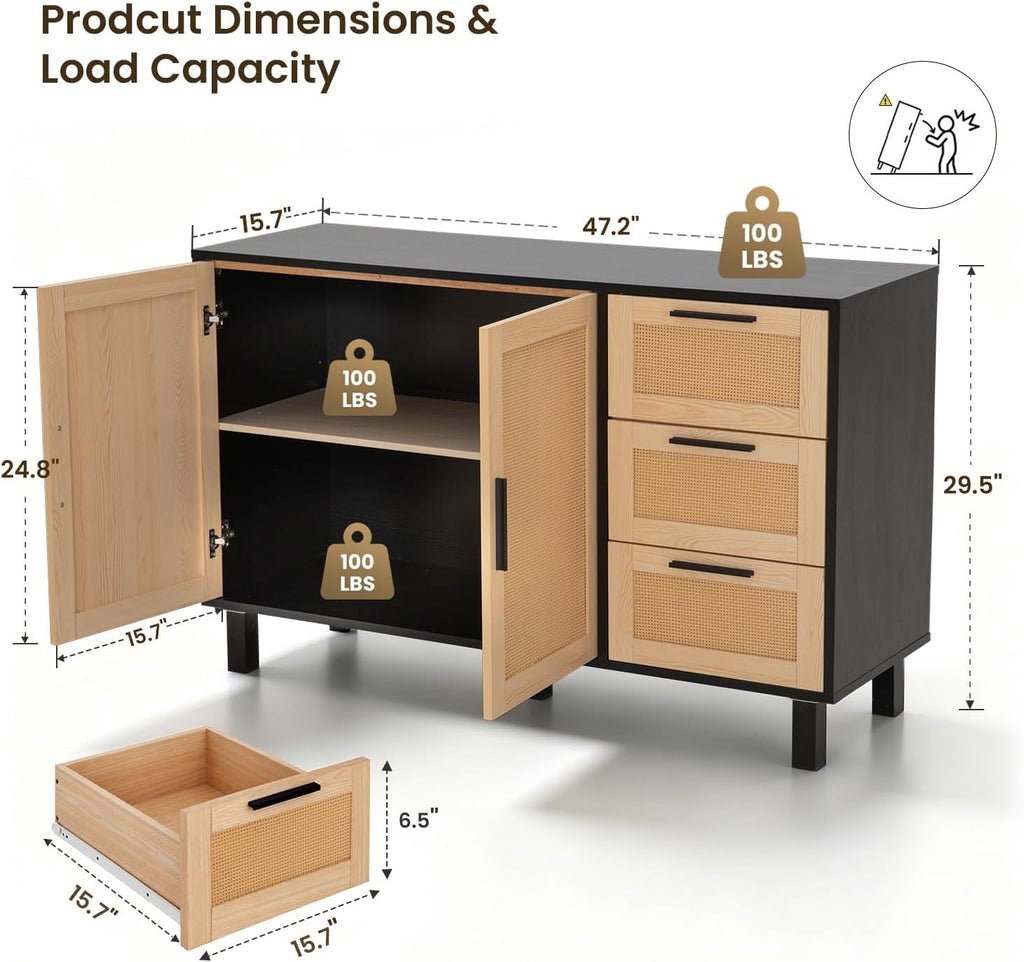 GREEN PARTY 47" Black Rattan Sideboard Buffet Cabinet, Coffee Bar Cabinet with Storage, 3 Drawers and 2 Doors, Modern Kitchen Storage Cabinet for Dining Room, Entryway