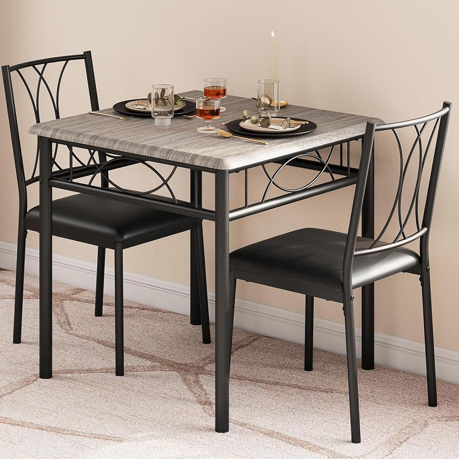 GarveeHome Small Dining Table Set for 2, Square Table and Chairs Set of 2, 3 Piece Kitchen Table Set of 2 with Upholstered Chairs, Dinner Table Set for 2 for Small Spaces, Apartment, Rustic Gray