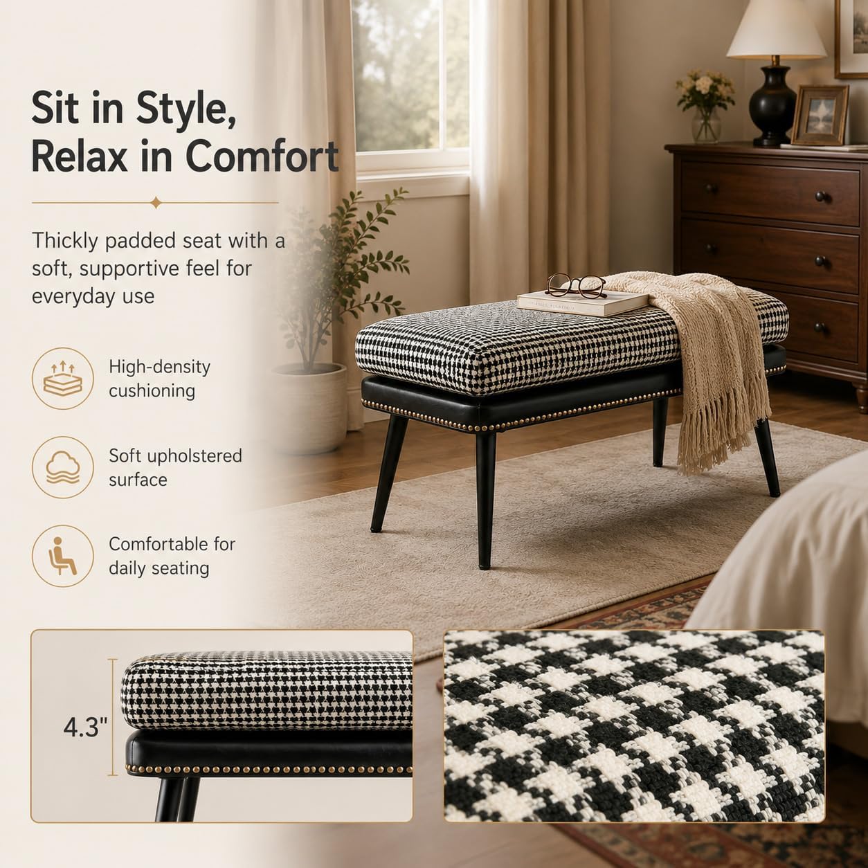 Forteek 32" Retro Upholstered Entryway Bench, Leather & Fabric Shoe Bench with Removable Cushion, End of Bed Bench for Bedroom, Small Dining Bench for Living Room, Storage Bench for Hallway & Foyer