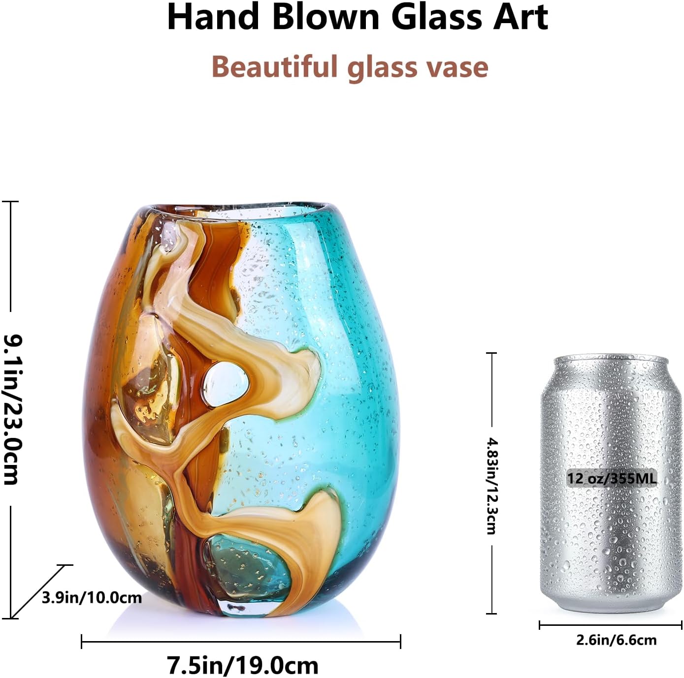 Pretty Hand Blown Glass Vase, Colored Glass Flower Vases Home Decor, Amber and Teal Decorative Murano vase for Living Room Office Bedroom Coastal Table Centerpieces Gift
