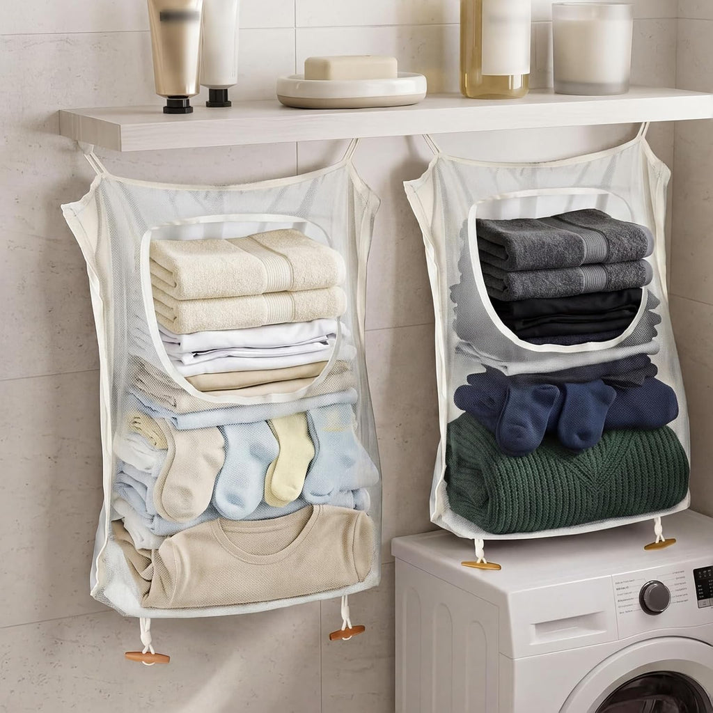 Tranqun 3 Pcs over the Door Hanging Laundry Hamper 65 x 19.7 Inches Mesh Laundry Hamper Bag Behind the Door Dirty Clothes Organizer with Hooks for Bathroom Camper Apartment College Dorm Room