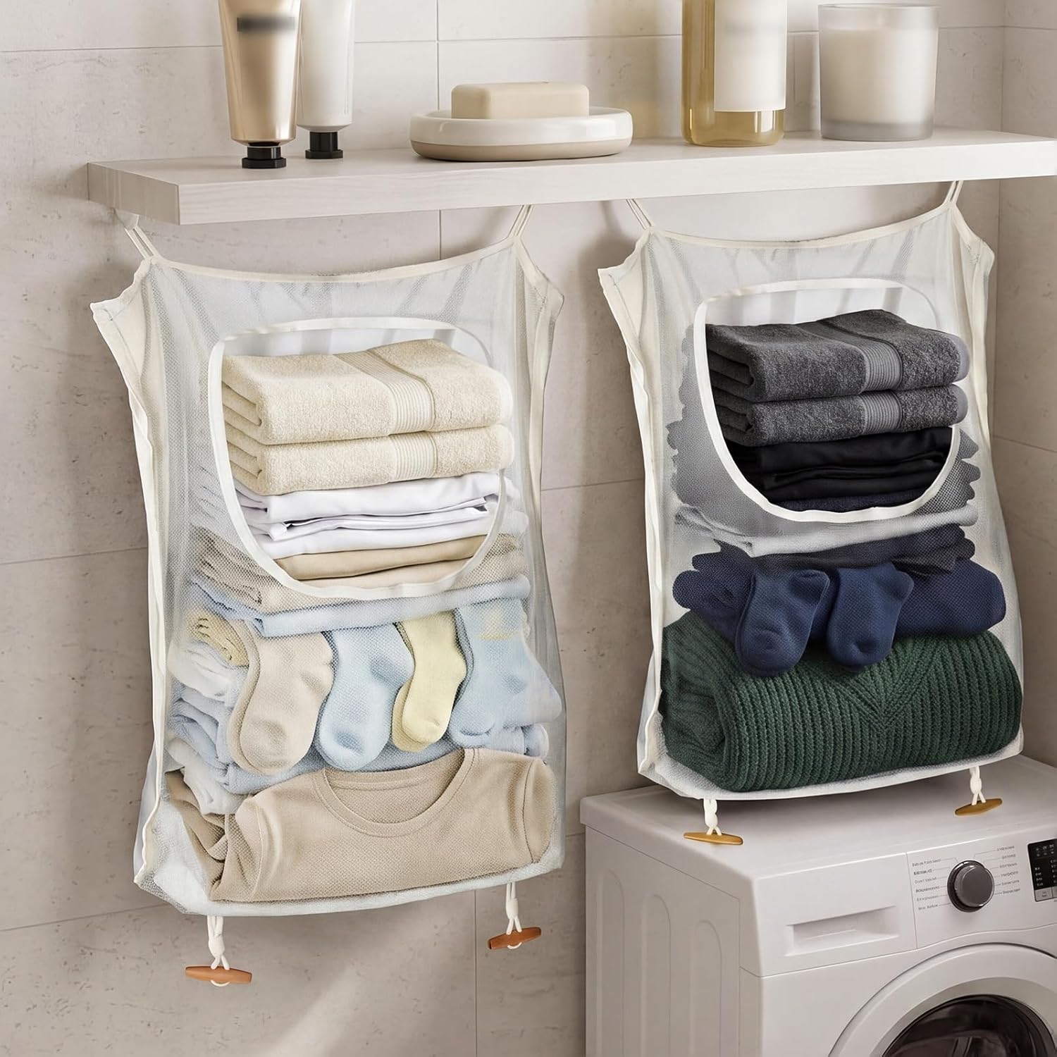 Tranqun 3 Pcs over the Door Hanging Laundry Hamper 65 x 19.7 Inches Mesh Laundry Hamper Bag Behind the Door Dirty Clothes Organizer with Hooks for Bathroom Camper Apartment College Dorm Room