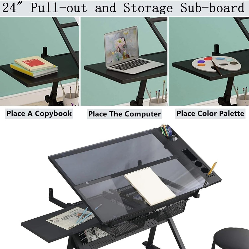 Glass Drafting Table and Stool Sets, Adjustable Height Drawing Table Art Craft Artist Desk Tilting Glass Tabletop with 2 Storage Drawers for Home Office (Black)