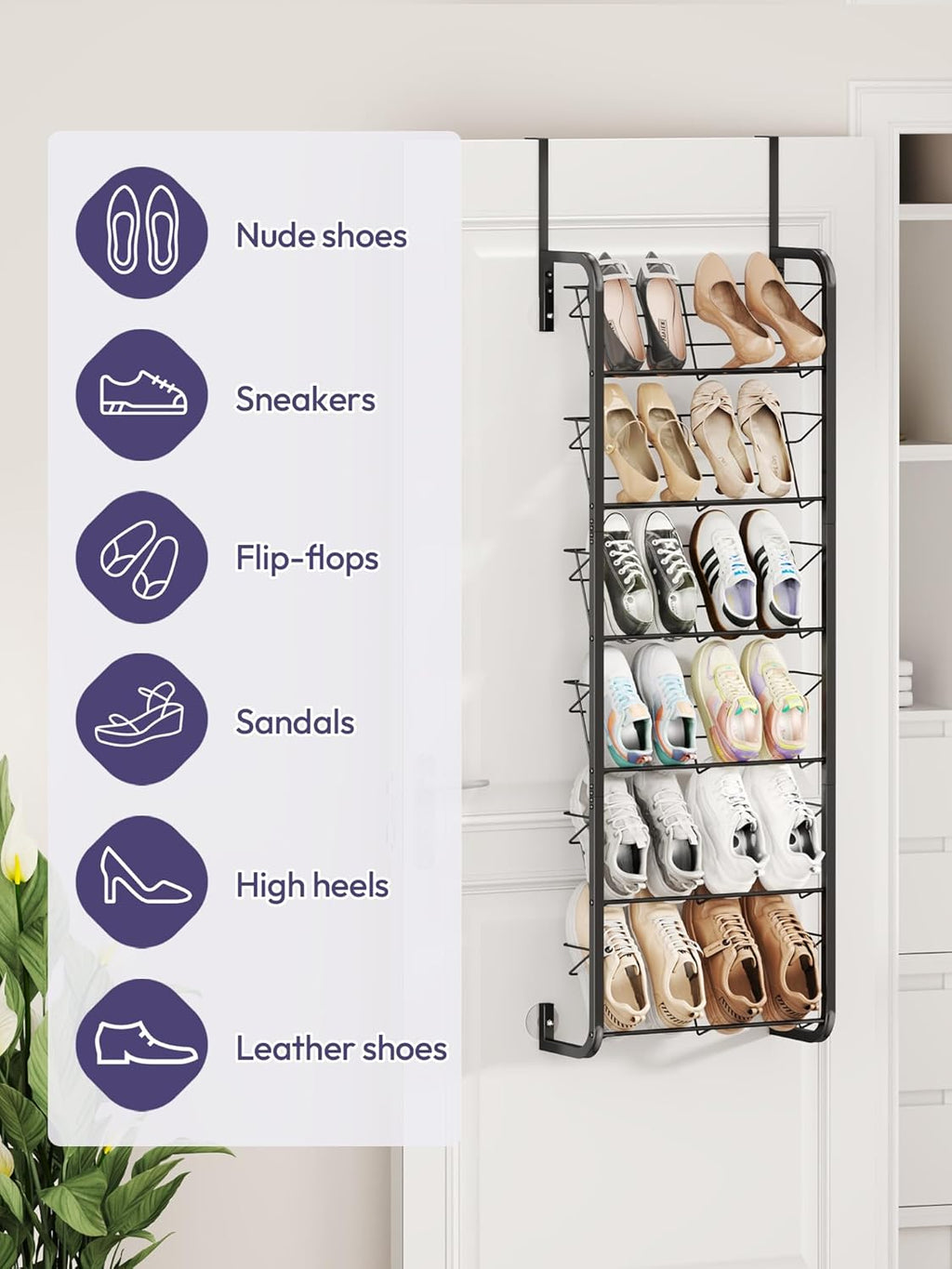 SWTYMIKI Over the Door Shoe Organizer - 6 Tier Hanging Shoe Rack for Door Storage - Heavy Duty Metal Behind Door or Wall Mount Shoes Shelf for Closet, Flats, Heels, Sneakers, Boots Black