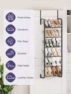 SWTYMIKI Over the Door Shoe Organizer - 6 Tier Hanging Shoe Rack for Door Storage - Heavy Duty Metal Behind Door or Wall Mount Shoes Shelf for Closet, Flats, Heels, Sneakers, Boots Black