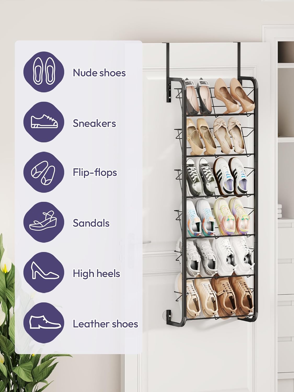 SWTYMIKI Over the Door Shoe Organizer - 6 Tier Hanging Shoe Rack for Door Storage - Heavy Duty Metal Behind Door or Wall Mount Shoes Shelf for Closet, Flats, Heels, Sneakers, Boots Black