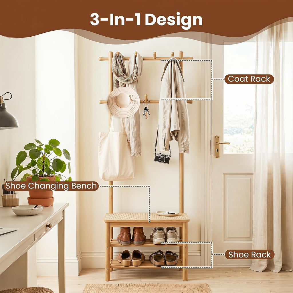 GIANTEX 3-in-1 Hall Tree with Bench and Shoe Storage, 11 Hanging Rods | Bamboo Coat Rack Freestanding w/ PE Rattan Bench & 3-Tier Shoe Rack, Narrow Mudroom Storage Organizer for Entryway Bedroom