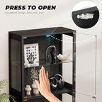 BROTTAR Display Cabinet with Glass Doors, 4-Tier Curio Cabinet with Drawer for Collectibles, Display Case with 3-Color Lights & Human Body Sensor, Storage Cabinets with Adjustable Glass Shelves, Black