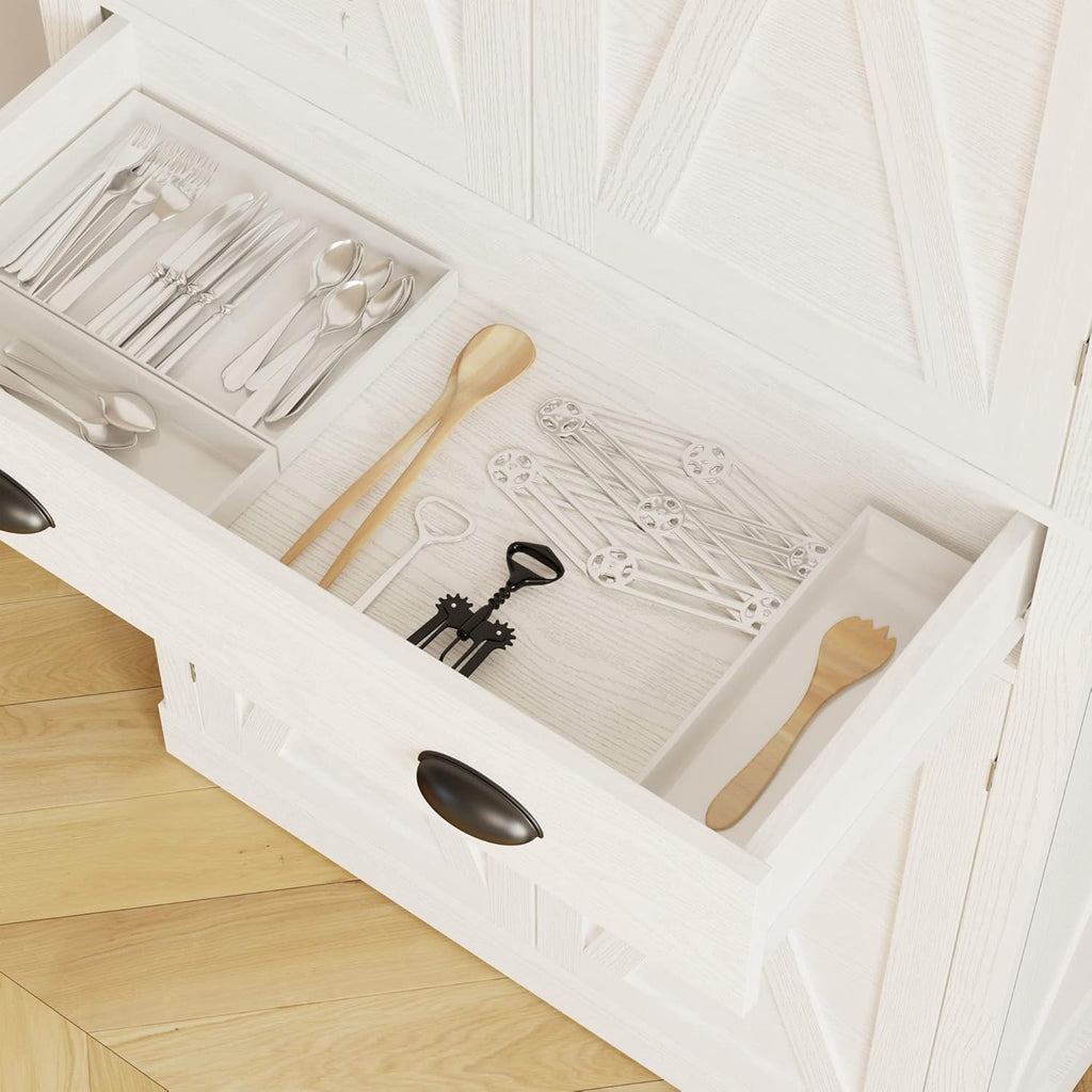 IRONCK Kitchen Pantry Storage Cabinet 72.6" H x 24" W, with Barn Doors, Drawer, 4 Adjustable Shelves, Freestanding Cupboard, Laundry, White