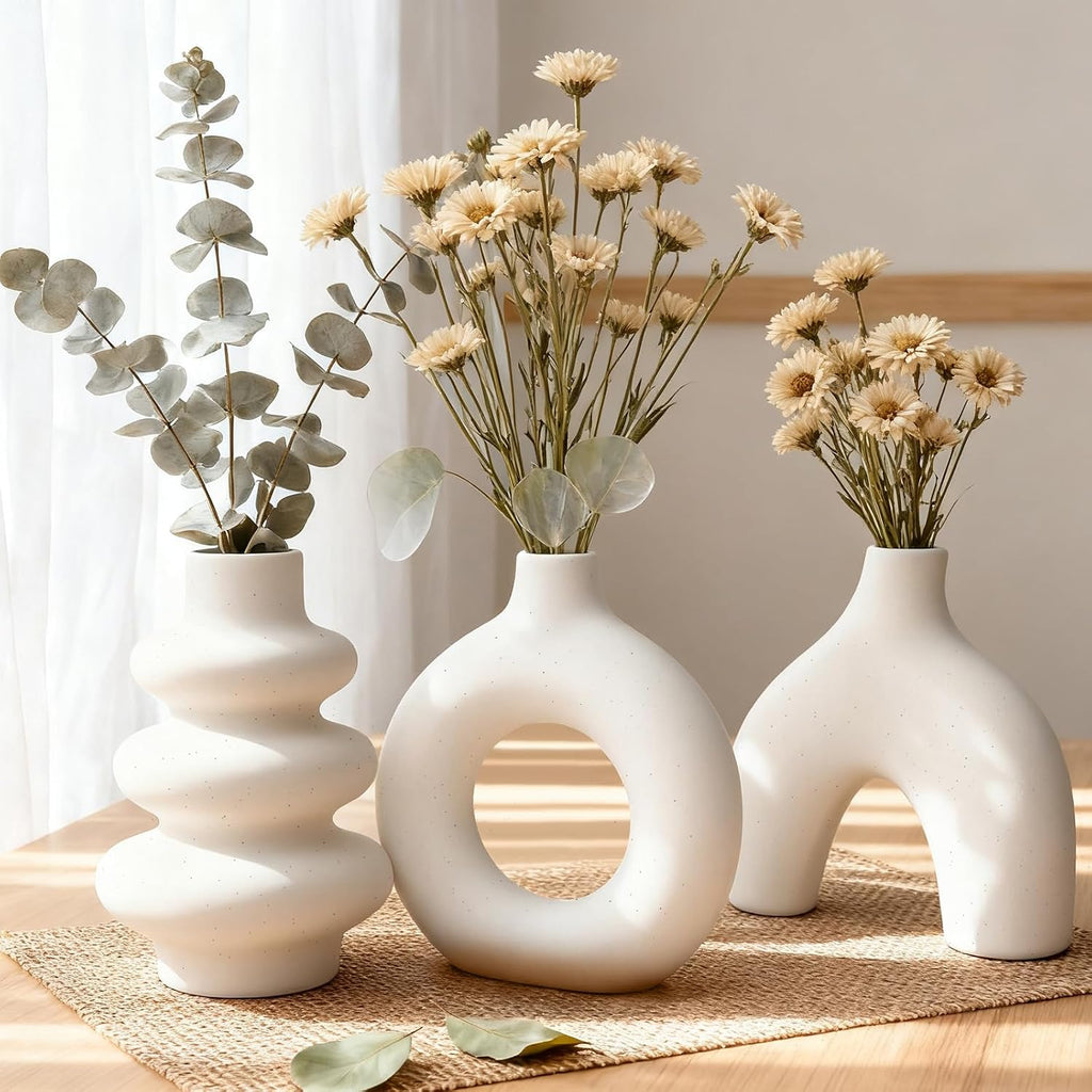 Set of 3 White Large Ceramic Modern Flower Vase for Home Decor, Perfect for Centerpieces, Living Room, Bookshelf, Office, Weddings, Gifts, Fits Fresh, Dried Flowers, Minimalist Farmhouse Decor