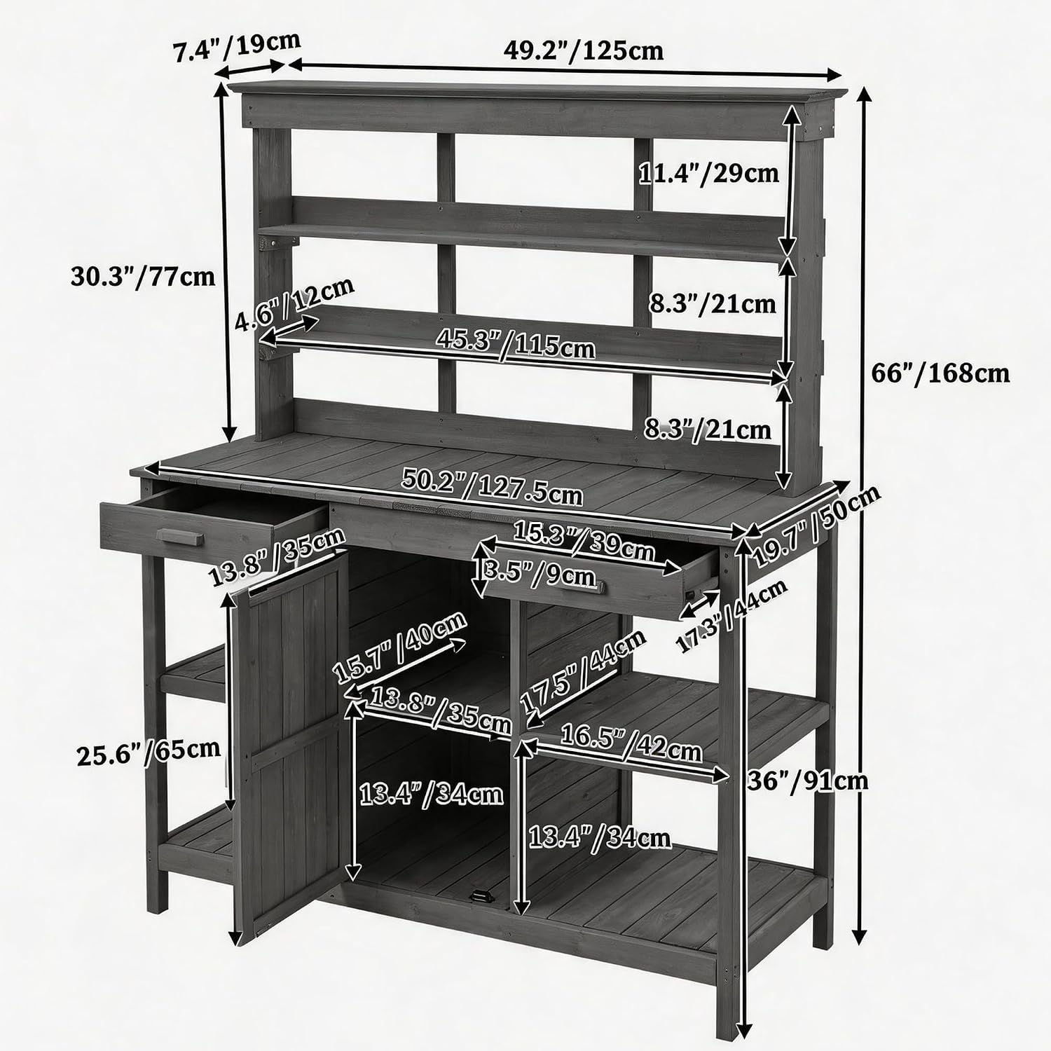 Outdoor Potting Bench with Open Shelves and Cabinet, 66 in | Fir wood, countertop, open shelves, enclosed cabinet, anti-fall device, garden workstation, 50.2 W x 19.7 D x 66 H in