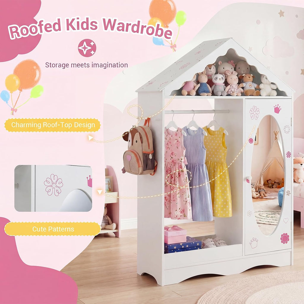 Costzon Kids Dress Up Storage with Mirror, Roofed Wardrobe Closet with Open Hanging Rack, Shelves & Hooks for Children, Kids Armoire & Costume Organizer for Bedroom (White)