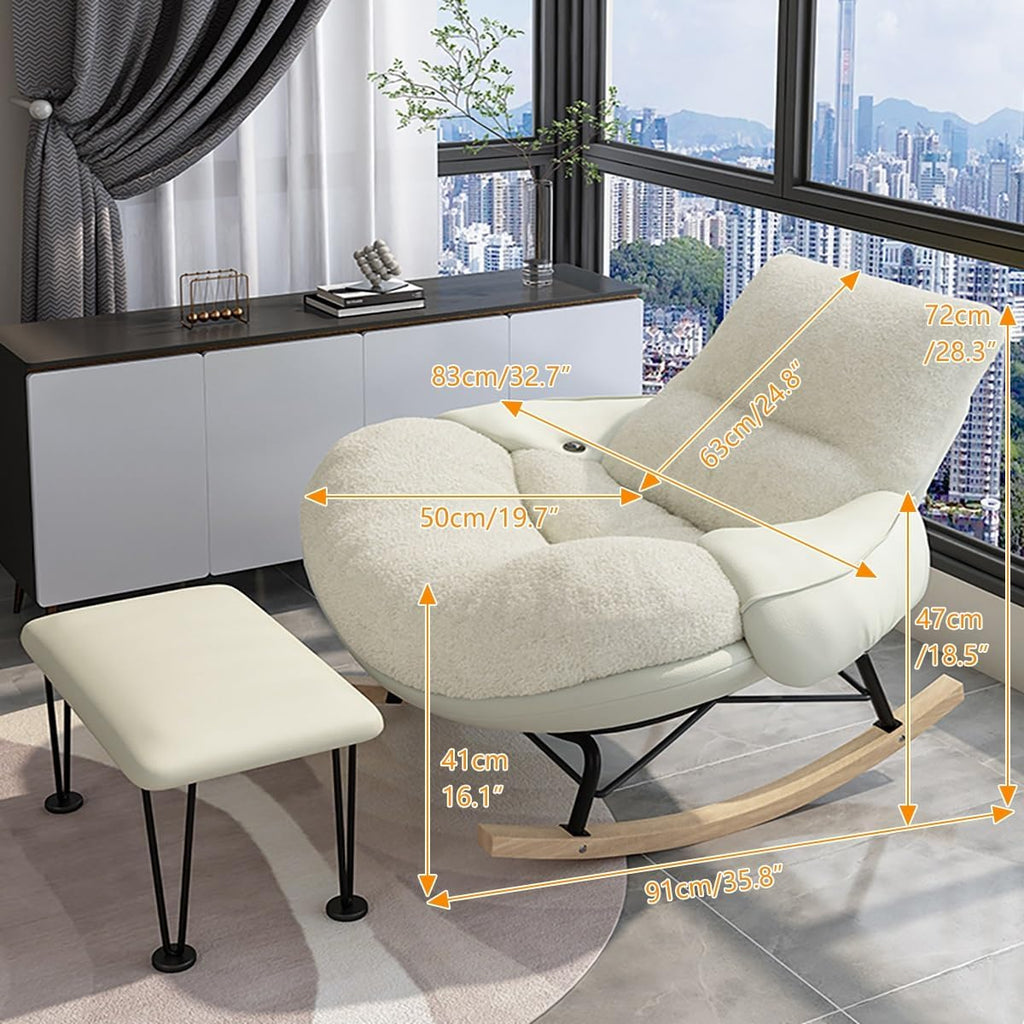 Modern Accent Rocking Chair with Armrests, Nursery Rocking Chairs with Ottoman, Upholstered Recliner Chair High Back, Ergonomic Design, Sled-Style Solid Wood Base, Wide Seat Surface for Bedroom(Khaki)