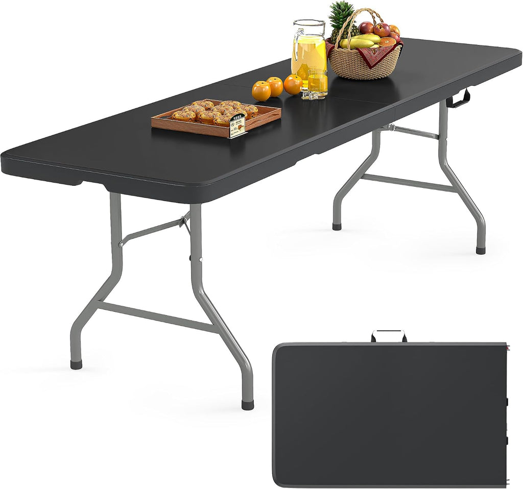 8ft Folding Table - Portable Foldable Table, Picnic Table with Carrying Handle & Safety Locks, Durable Black Folding Table for Parties, Events, Weddings Picnic, Camping, Dining Indoor Outdoor Use